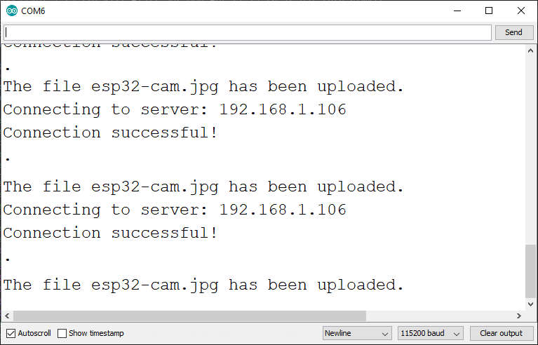 ESP32-CAM файл загружен, тестирование проекта в мониторе порта Arduino IDE