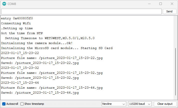 Демонстрация ESP32-CAM: фото с временной меткой в Serial Monitor
