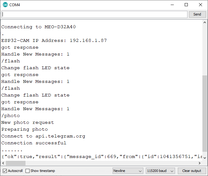 ESP32-CAM отправка фото в Telegram — Serial Monitor