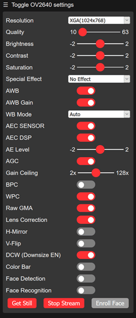 Элементы управления CameraWebServer ESP32