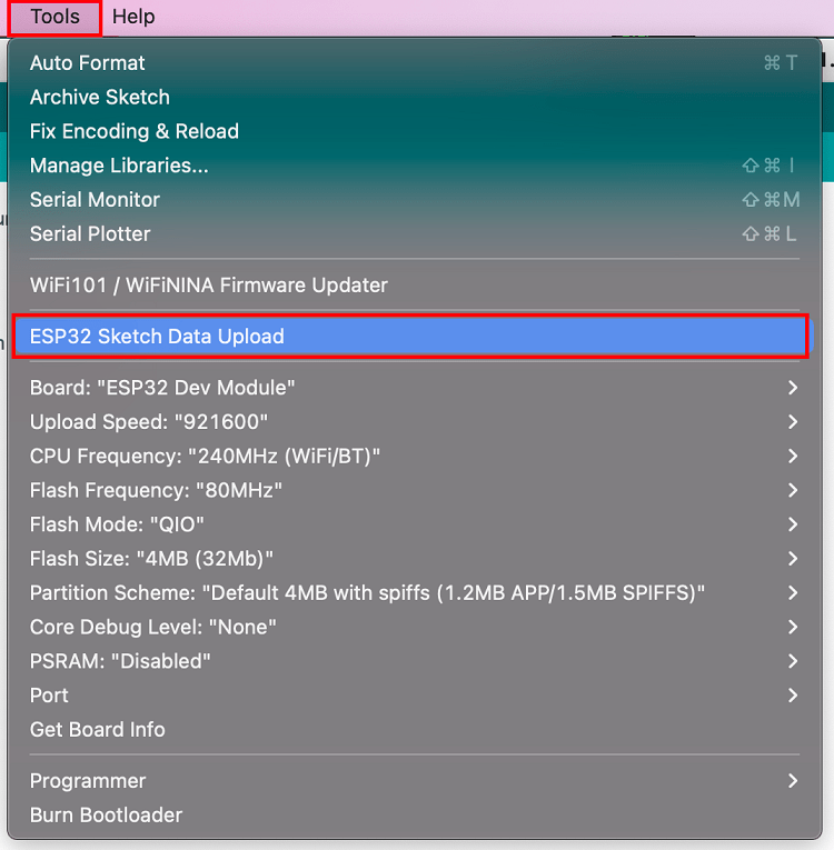 ESP32 Data Sketch Upload меню Arduino IDE Mac OS