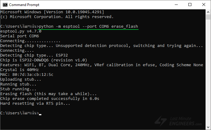 Стирание флеш-памяти ESP32 с помощью ESPTool