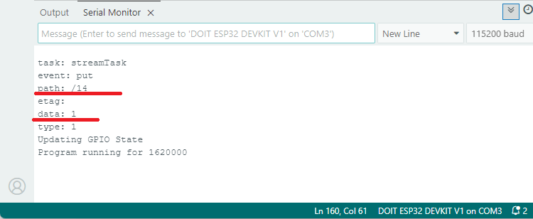 Firebase Потоковая передача базы данных — ESP обнаруживает изменения в Serial Monitor