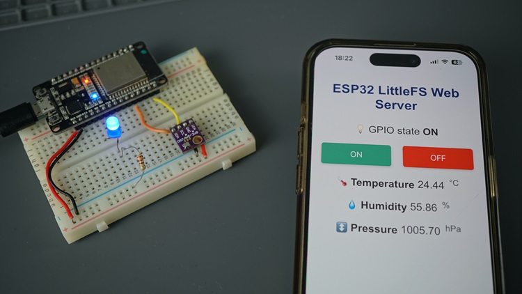 ESP32 LittleFS веб-сервер управление выходами и мониторинг датчиков