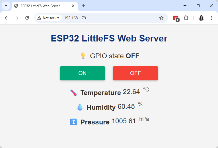 ESP32 веб-сервер с файлами из LittleFS - управление выходами и мониторинг датчиков
