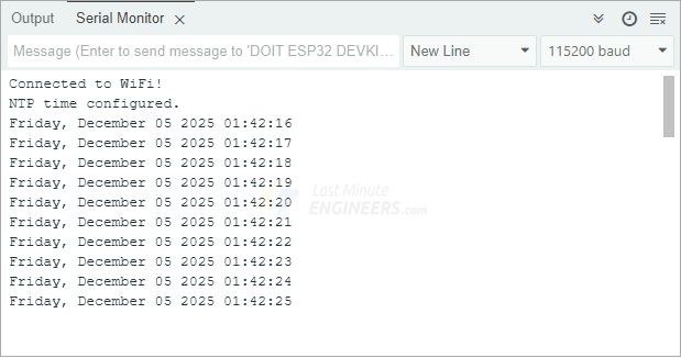 ESP32 считывает дату и время с NTP-сервера — вывод в мониторе порта