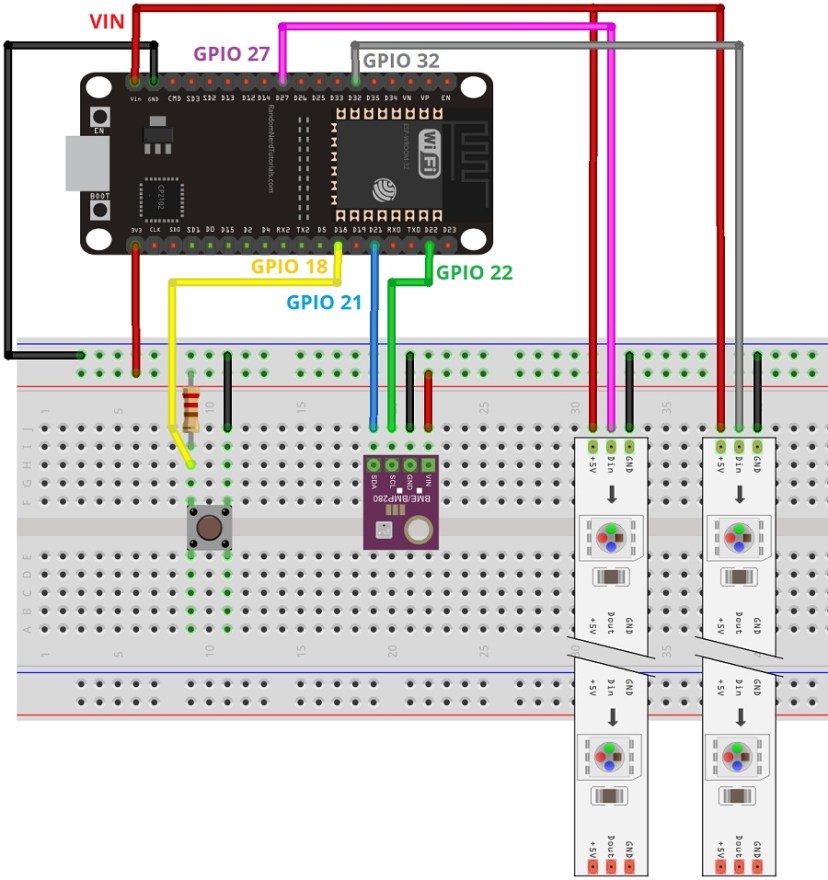 ESP32 Status Indicator Sensor Shield RGB LEDs Breadboard Diagram