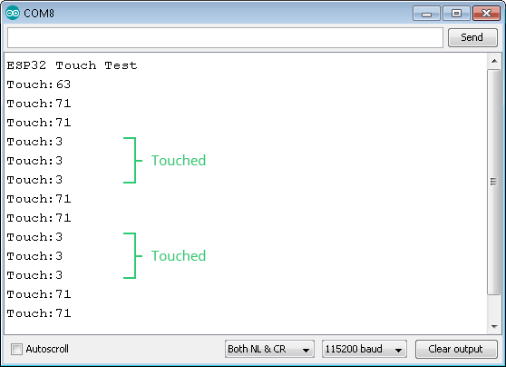Вывод теста касания ESP32 в мониторе последовательного порта