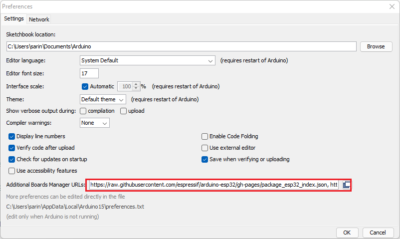 Установка дополнения ESP32 в Arduino IDE — ввод URL