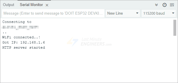 Вывод монитора порта ESP32 — сервер запущен