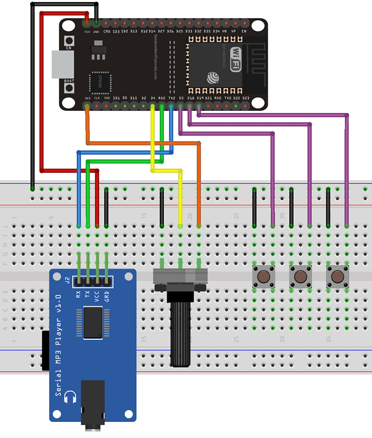 ESP32 YX5300 YX6300 MP3-плеер с кнопками управления схема подключения