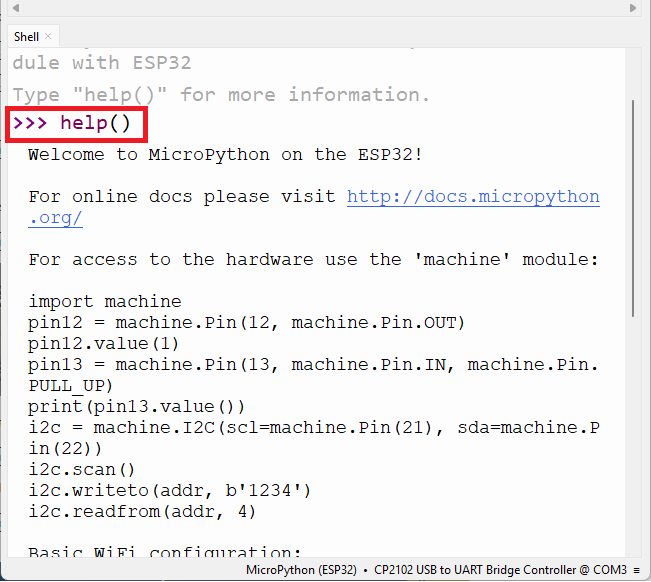 Команда help() ESP32 в MicroPython через Thonny IDE