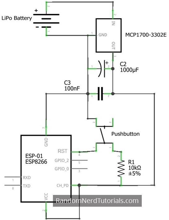Принципиальная схема ESP8266 с LiPo/Li-ion аккумулятором и LDO