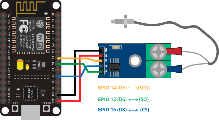 Схема подключения ESP8266 с термопарой K-типа и усилителем MAX6675
