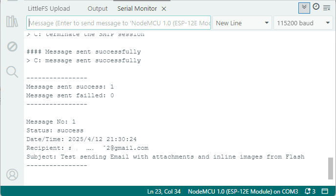 ESP8266 отправка email с вложениями успешно — Serial Monitor