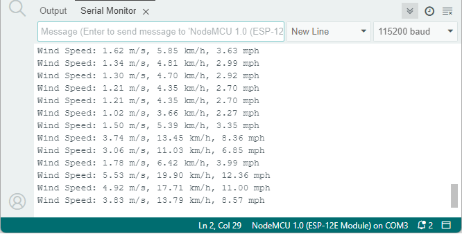 Тестирование датчика ветра с ESP8266 — демонстрация Serial Monitor