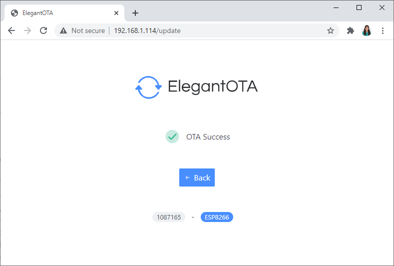 ESP8266 загрузка новой прошивки Elegant OTA успешно
