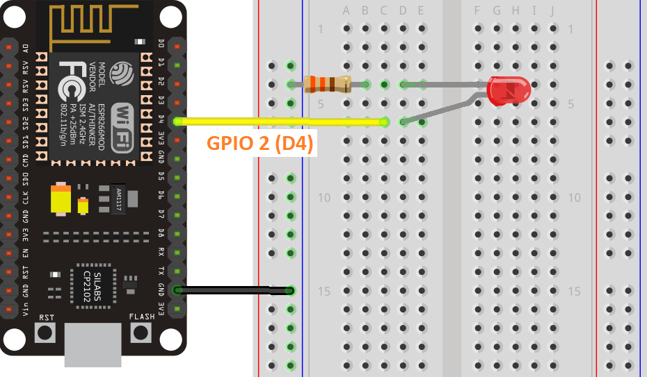 Схема подключения светодиода к GPIO 2 ESP8266