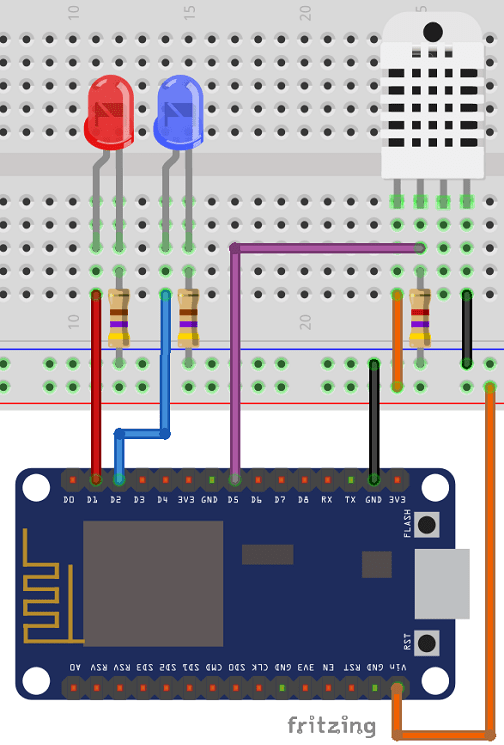 Схема подключения ESP8266 с датчиком температуры и влажности DHT22