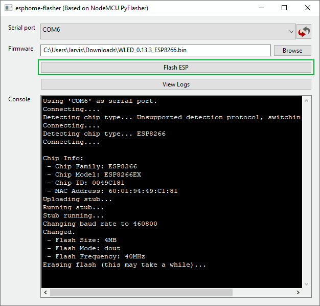 Прошивка ESP8266 с помощью инструмента ESPHome-Flasher