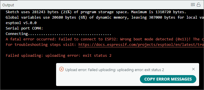Ошибка подключения к ESP32 при загрузке скетча в Arduino IDE