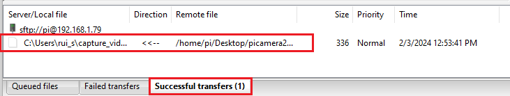 Файл успешно скачан с Raspberry Pi на ПК