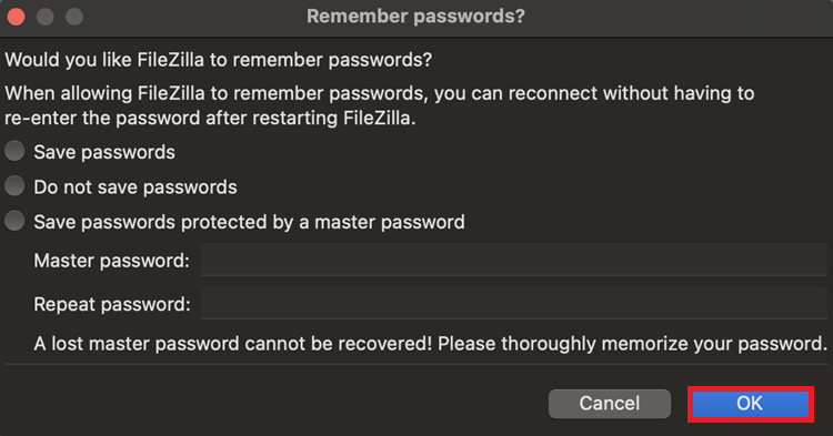 FileZilla Установление FTP-соединения пароль кнопка OK