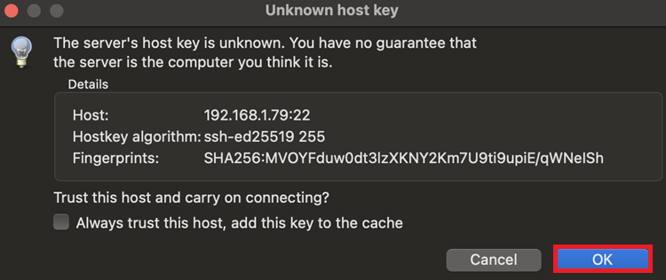 FileZilla Установление FTP-соединения с Mac Raspberry Pi принять OK
