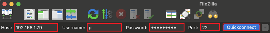 FileZilla Установление FTP-соединения с Mac Raspberry Pi