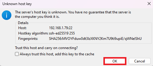 FileZilla — установление FTP-соединения с ПК и Raspberry Pi, нажмите OK