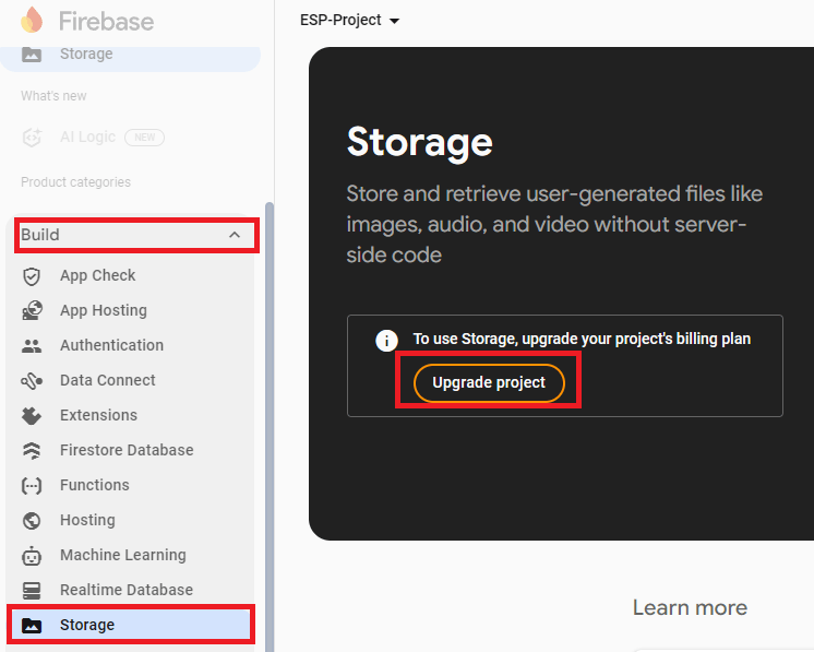 Консоль Firebase — создание Storage Bucket