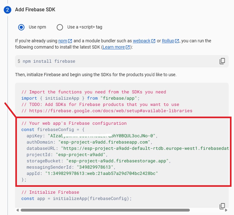 Объект конфигурации Firebase веб-приложения