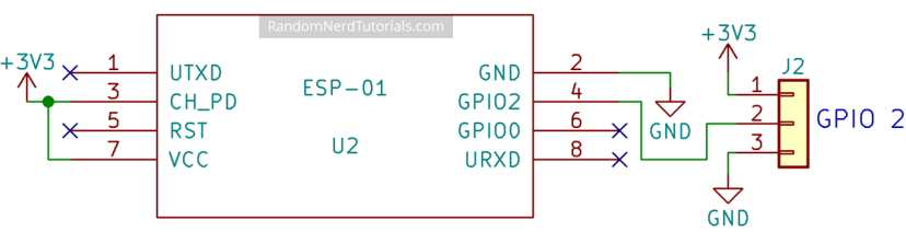Схема подключения клеммной колодки ESP8266 с 3.3V, GND и GPIO 2