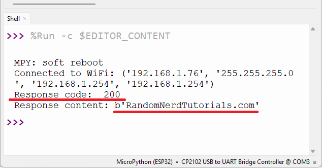 Результат HTTP GET-запроса с ESP32 в консоли Thonny IDE