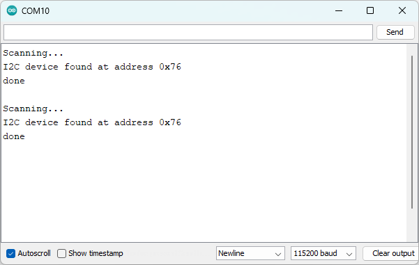 I2C сканер Raspberry Pi Pico — результат в мониторе порта Arduino IDE