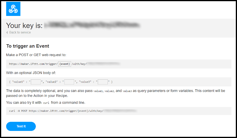 Экран ключа IFTTT Webhooks