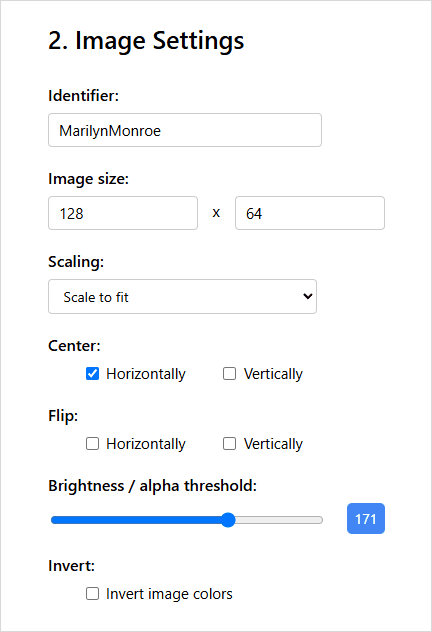 Настройки изображения в инструменте image2cpp