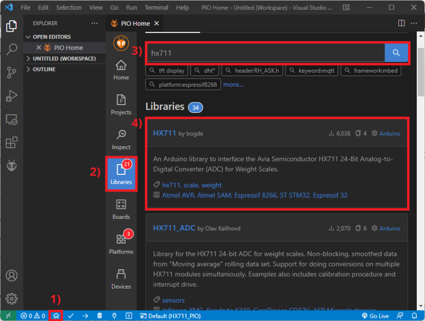 Установка библиотеки HX711 для тензодатчика в VS Code