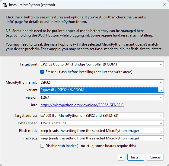 Установка прошивки MicroPython через esptool в Thonny IDE