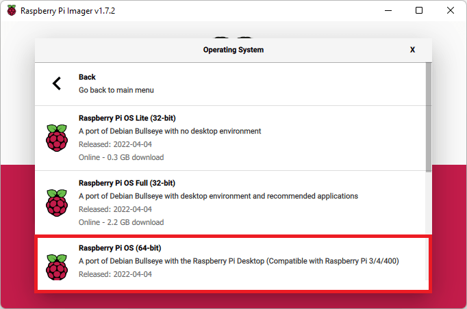 Raspberry Pi Imager — выбор Raspberry Pi OS 64-bit