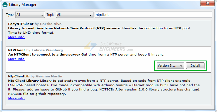 Установка библиотеки NTP Client в Arduino IDE