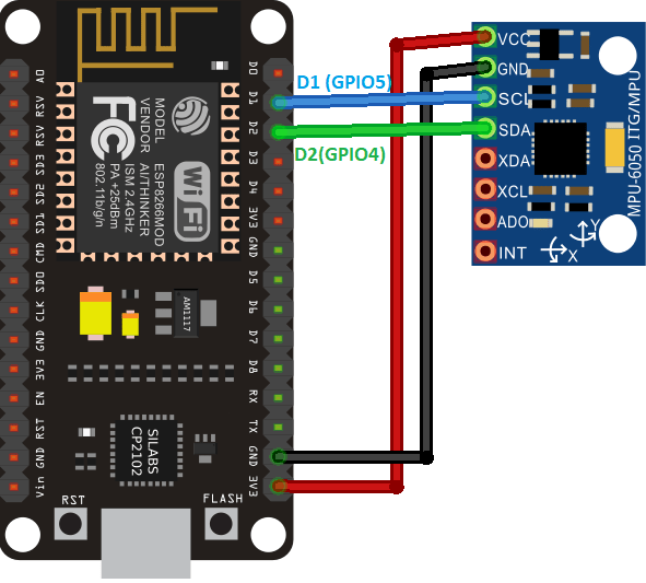 Схема подключения акселерометра-гироскопа MPU6050 к ESP8266 NodeMCU
