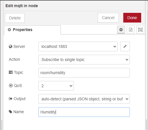 Узел MQTT input для влажности