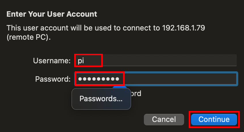 Microsoft Remote Desktop — ввод имени пользователя и пароля Raspberry Pi для аутентификации