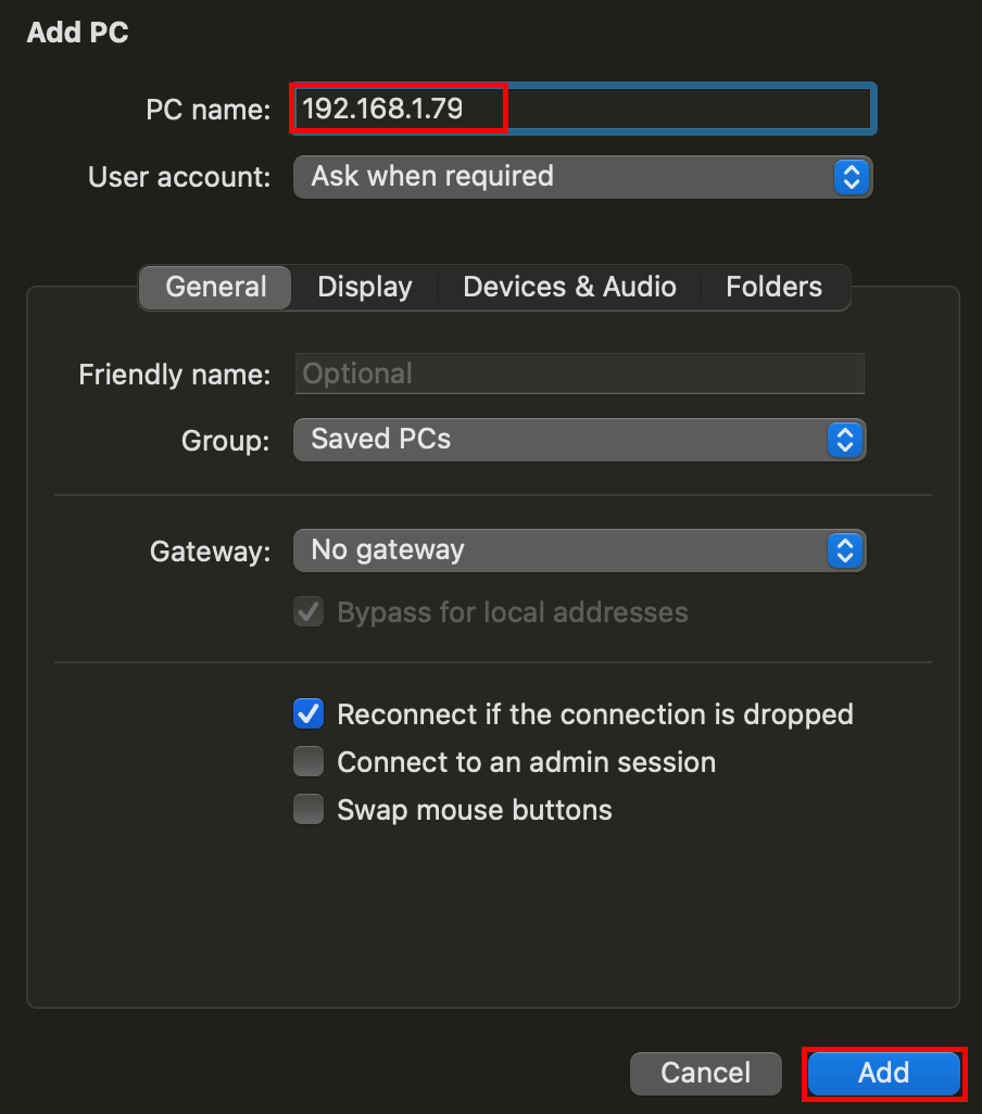 Программа Microsoft Remote Desktop — ввести IP-адрес Raspberry Pi и сохранить