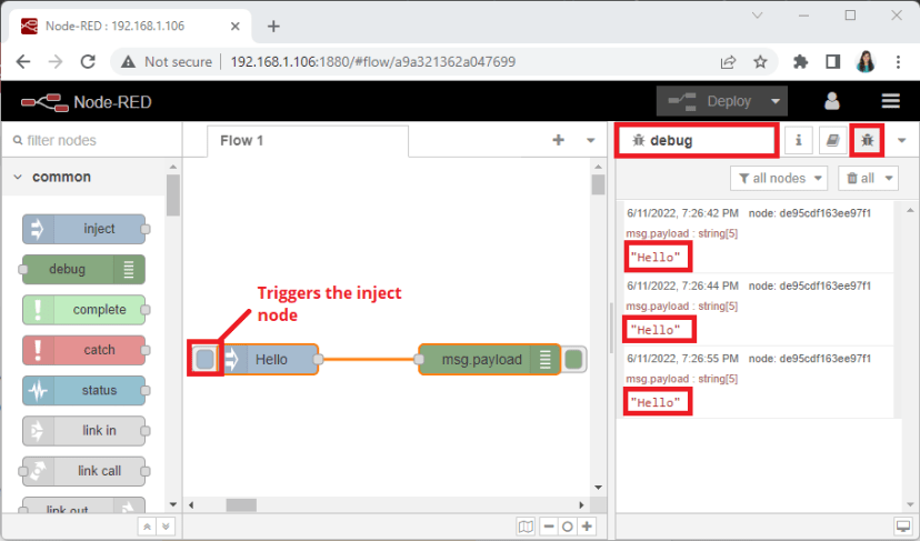 Пример Hello World в Node-RED