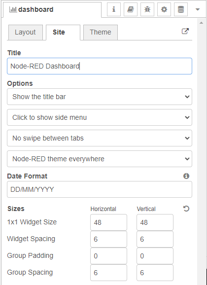 Настройки сайта Node-RED Dashboard