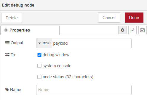 Узел debug в Node-RED