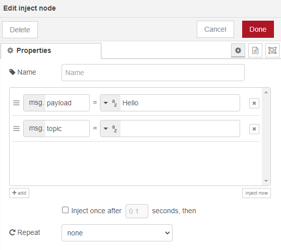 Редактирование узла inject в Node-RED