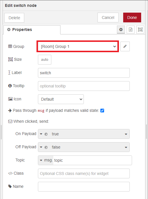 Редактирование узла switch в Node-RED